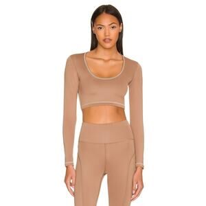 Tan Lines Crop Top Womens XS Brown Latte Shiny Scoop Neck Gym Long Sleeve Shirt